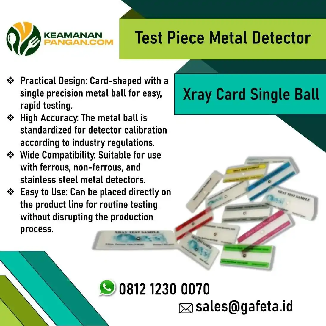 Metal Detector & X Ray Test Pieces Card Single Ball: Ferrous, Non Ferrous, Ceramic